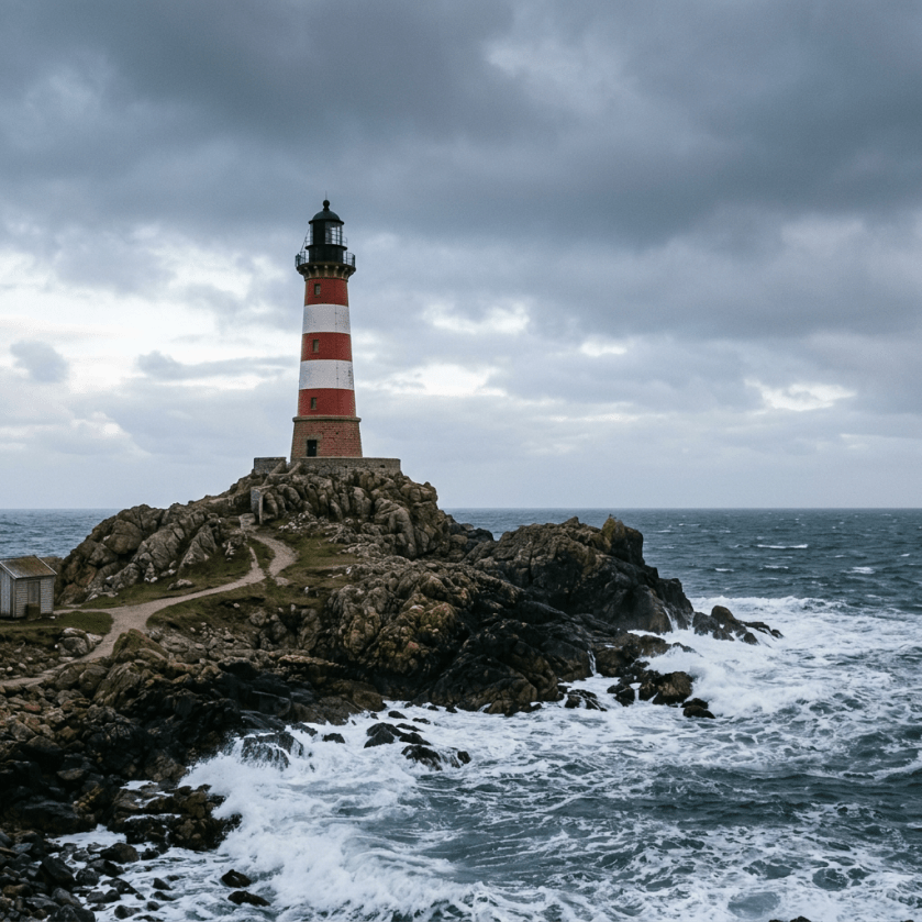 Red and white striped lighthouse on rocky coast with stormy sea and cloudy sky